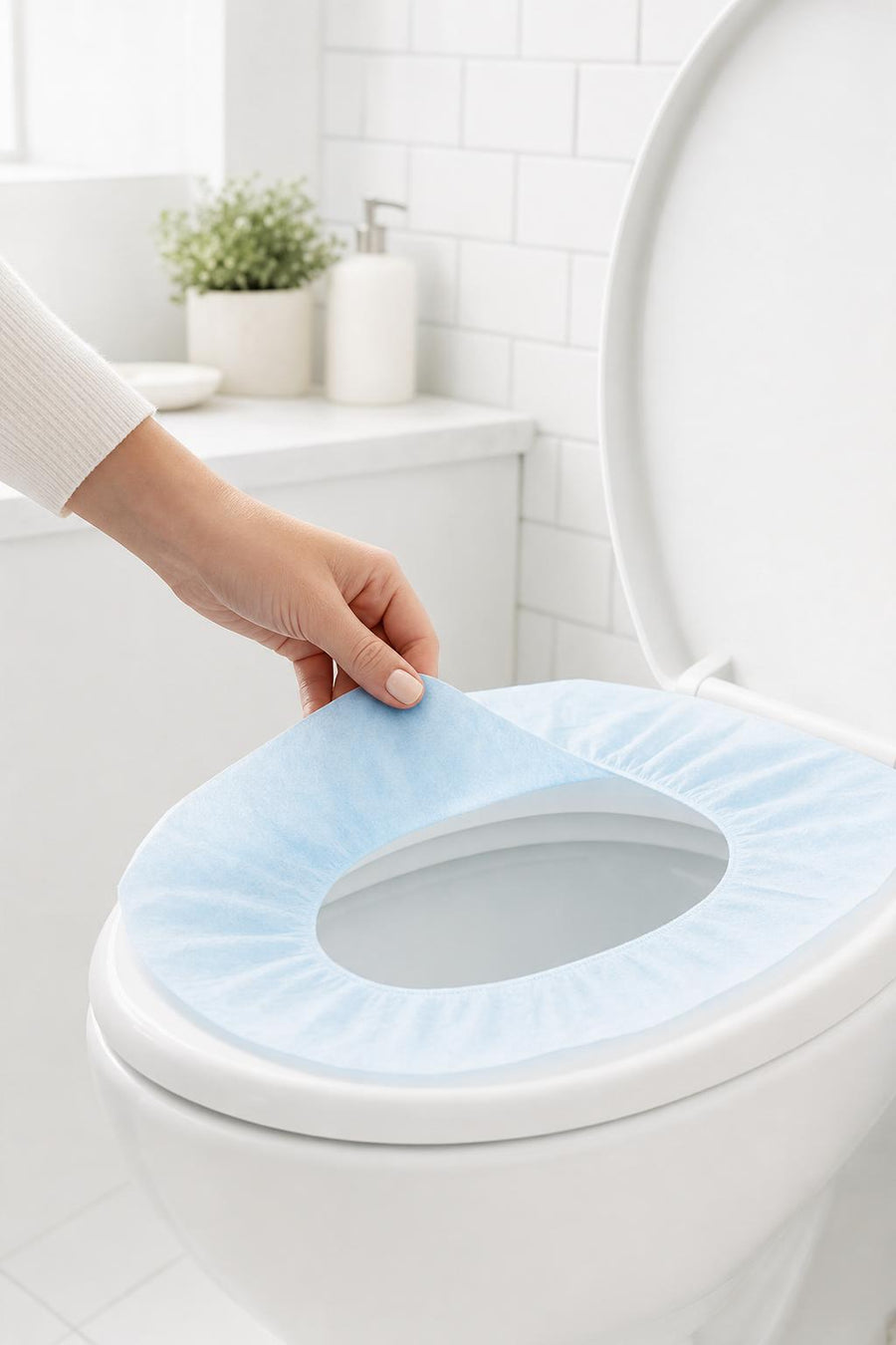 Funda desechable de inodoro colocada en un baño limpio