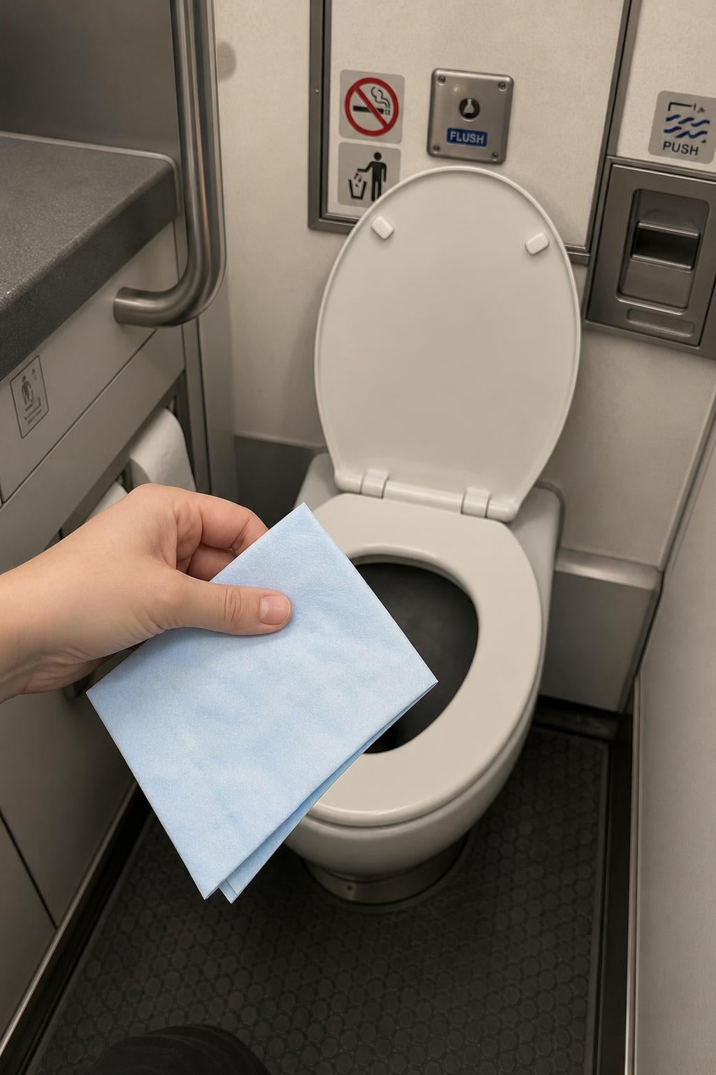 Skip the airplane lavatory seat